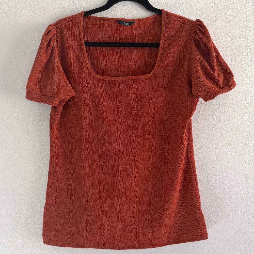 Elan Rust Textured Square Neck Puff Sleeve Top XL Blouse Burnt Orange